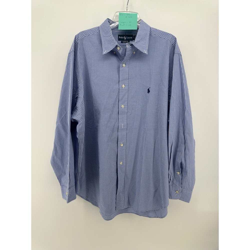 Ralph Lauren Mens Blue Gingham Button Down Shirt Classic Fit 18 34/35 L/S